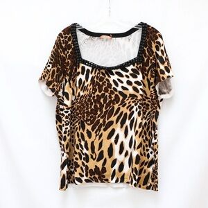 Belldini Animal print beaded collar knit top 3X blouse Y2K leopard short sleeve